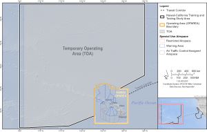 This is an image of a map showing the Hawaii portion of the Hawaii-California Training and Testing Study Area. The map is showing the Temporary Operating Area, Hawaii Operating Area boundary, transit corridor, restricted airspace, warning area, and Air Traffic Control Assigned Airspace.